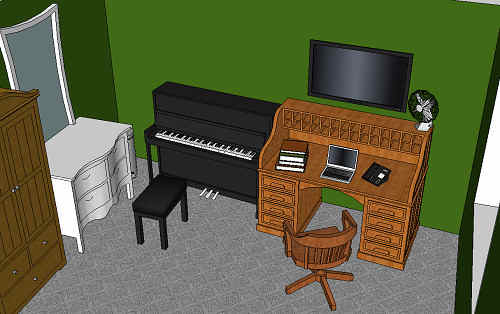 room A, piano and desk · Raum A, Klavier und Schreibtisch